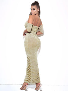 GENE GOLD RUCHED OFF SHOULDER CHIFFON DRESS