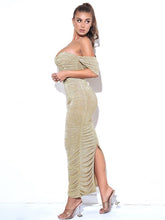 Load image into Gallery viewer, GENE GOLD RUCHED OFF SHOULDER CHIFFON DRESS