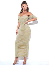 Load image into Gallery viewer, GENE GOLD RUCHED OFF SHOULDER CHIFFON DRESS
