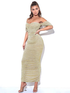 GENE GOLD RUCHED OFF SHOULDER CHIFFON DRESS