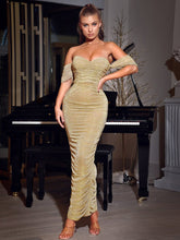 Load image into Gallery viewer, GENE GOLD RUCHED OFF SHOULDER CHIFFON DRESS