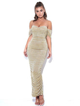 Load image into Gallery viewer, GENE GOLD RUCHED OFF SHOULDER CHIFFON DRESS