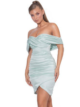 Load image into Gallery viewer, FINNLEE MINT SATIN OFF SHOULDER RUCHED DRESS