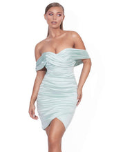 Load image into Gallery viewer, FINNLEE MINT SATIN OFF SHOULDER RUCHED DRESS