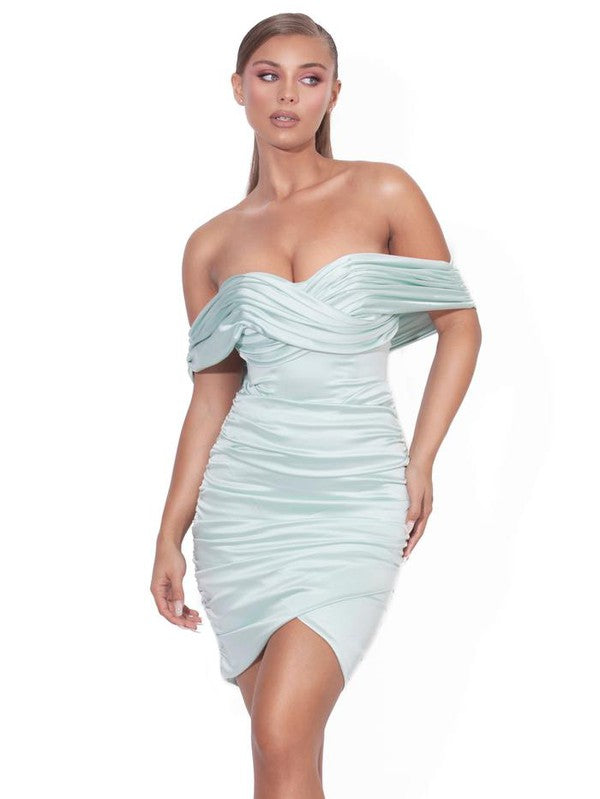 FINNLEE MINT SATIN OFF SHOULDER RUCHED DRESS