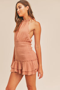 HALTER MINI DRESS WITH SMOCKED SKIRT