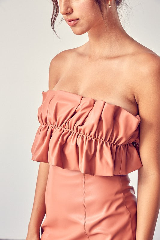 FAUX LEATHER RUCHED TUBE DRESS FAUX LEATHER RUCHED TUBE DRESS