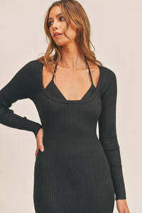 BRA INSET LONG SLEEVE SWEATER MIDI DRESS