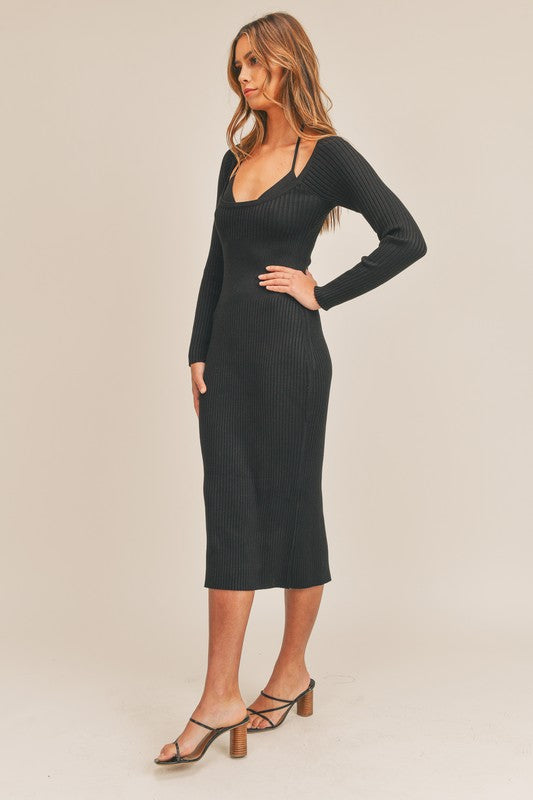 BRA INSET LONG SLEEVE SWEATER MIDI DRESS BRA INSET LONG SLEEVE SWEATER MIDI DRESS