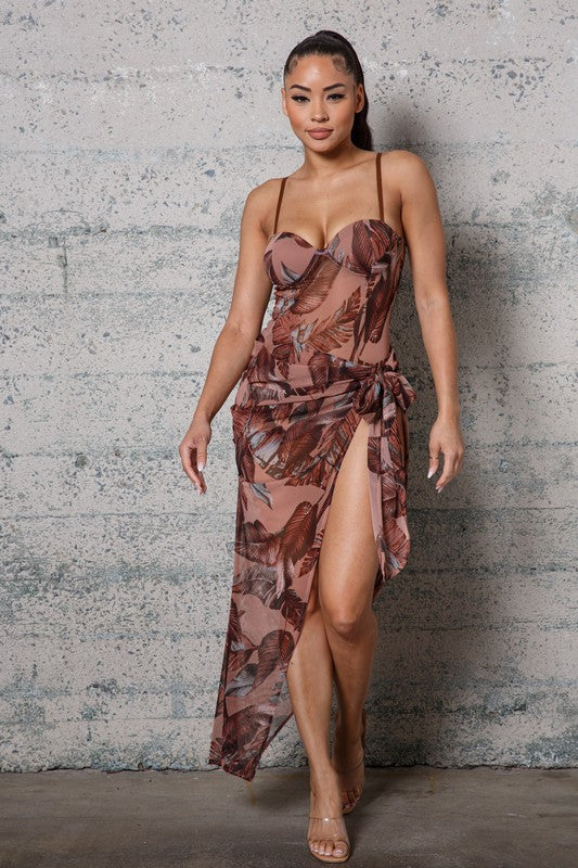 PRINTED MESH BODY SUIT AND LONG COVER UP SKIRT SET