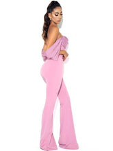 Load image into Gallery viewer, SHERLYN MAUVE OFF SHOULDER FLARED CREPE JUMPSUIT