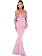 Load image into Gallery viewer, SHERLYN MAUVE OFF SHOULDER FLARED CREPE JUMPSUIT