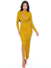 Load image into Gallery viewer, PAYSON GOLD LONG SLEEVE METALLIC JERSEY CUTOUT DRESS