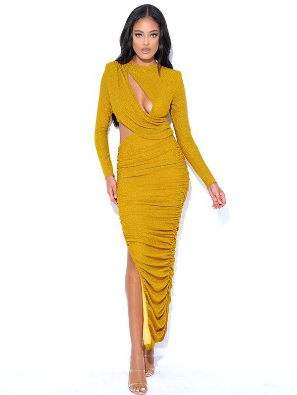 long sleeve metallic jersey mini dress in light gold PAYSON GOLD LONG SLEEVE METALLIC JERSEY CUTOUT DRESS – Arelia's Dream