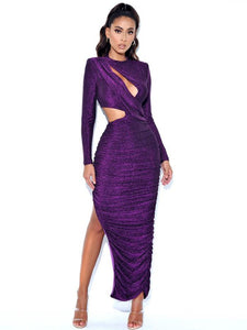 PAYSON PURPLE LONG SLEEVE METALLIC JERSEY CUTOUT DRESS