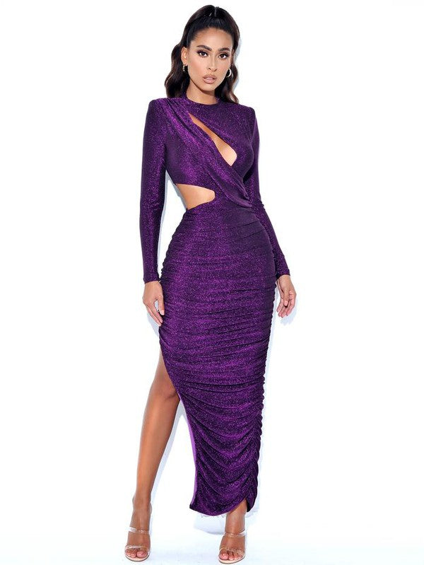 purple long sleeve maxi dress PAYSON PURPLE LONG SLEEVE METALLIC JERSEY CUTOUT DRESS – Arelia's Dream