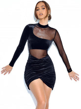 Load image into Gallery viewer, AZALEA BLACK VELVET MESH LONG SLEEVE DRESS
