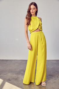 OVERLAP PLEATED BACK TIE TOP AND WIDE LEG PANT SET