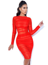 Load image into Gallery viewer, JIMENA RED RUCHED MESH LONG SLEEVE DRESS