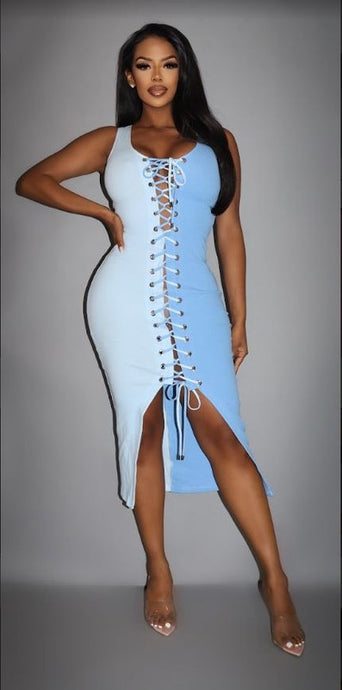SKY PARFAIT LACE UP MIDI DRESS