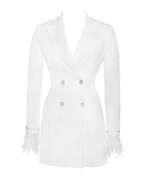 Load image into Gallery viewer, QUILLA WHITE FEATHER CRYSTAL SLEEVE BACKLESS BLAZER DRESS