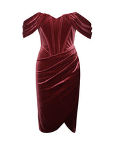 Load image into Gallery viewer, OMARIA BURGUNDY VELVET OFF SHOULDER CORSET DRESS