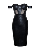 Load image into Gallery viewer, IRREPLACEABLE OFF SHOULDER BLACK METALLIC BANDAGE DRESS