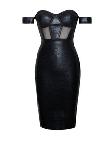 IRREPLACEABLE OFF SHOULDER BLACK METALLIC BANDAGE DRESS