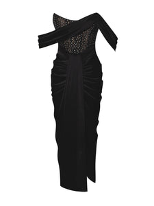 STELLA BLACK OFF SHOULDER CRYSTAL CORSET SATIN GOWN
