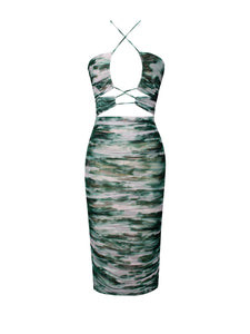 QUINCEE GREEN MESH PRINT CUTOUT LACE UP DRESS