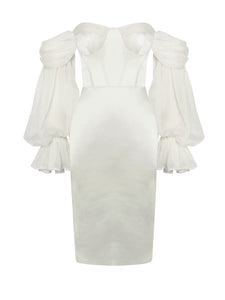 LYDIA PEARL WHITE SATIN OFF SHOULDER PUFF SLEEVE DRESS
