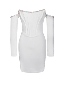 ANNIKA WHITE OFF SHOULDER LONG SLEEVE CORSET DRESS WITH CRYSTAL TRIM