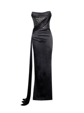 Load image into Gallery viewer, HOLLY BLACK CRYSTALLIZED CORSET HIGH SLIT SATIN GOWN