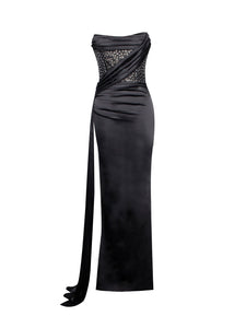 HOLLY BLACK CRYSTALLIZED CORSET HIGH SLIT SATIN GOWN