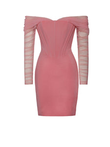 ZOFIA SALMON OFF SHOULDER MESH CORSET DRESS