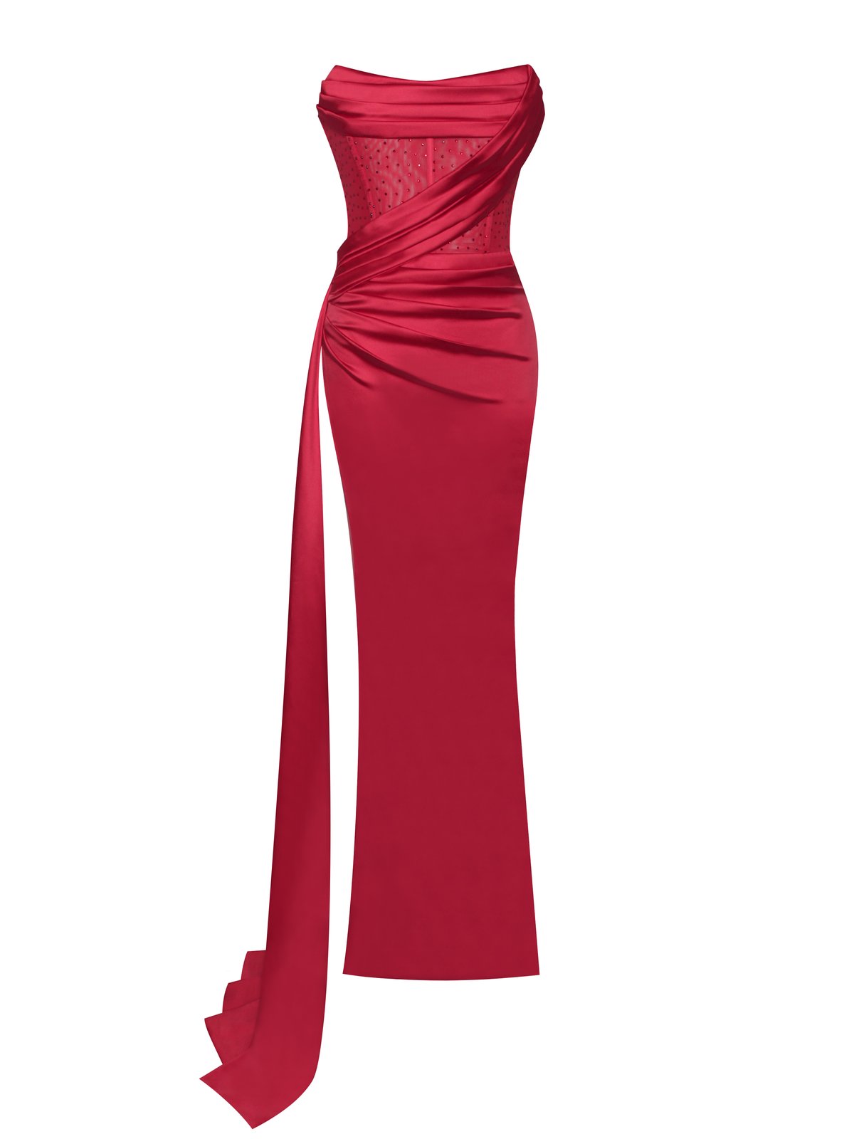 HOLLY RED CRYSTALLIZED CORSET HIGH SLIT SATIN GOWN Arelia's Dream HOLLY RED CRYSTALLIZED CORSET HIGH SLIT SATIN GOWN Arelia's Dream