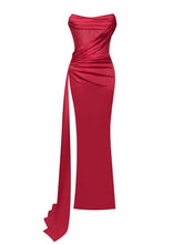 Load image into Gallery viewer, HOLLY RED CRYSTALLIZED CORSET HIGH SLIT SATIN GOWN