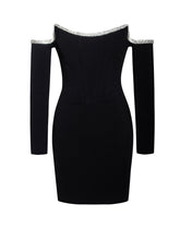 Load image into Gallery viewer, ANNIKA BLACK OFF SHOULDER LONG SLEEVE CORSET DRESS WITH CRYSTAL TRIM