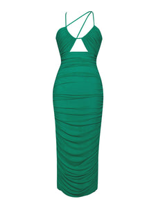 FELIS GREEN LACE-UP STRAPPY RUCHED MESH DRESS
