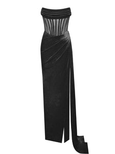 PRIYA BLACK DRAPING CORSET HIGH SLIT VELVET GOWN
