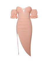Load image into Gallery viewer, THERESA SALMON OFF SHOULDER PUFF SLEEVE MIDI DRESS