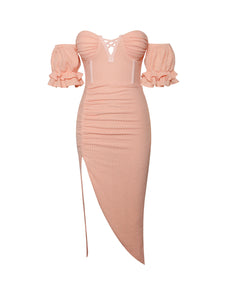 THERESA SALMON OFF SHOULDER PUFF SLEEVE MIDI DRESS