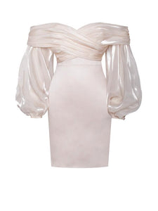 JACEY BEIGE OFF SHOULDER BALLOON SLEEVE DRESS
