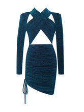 Load image into Gallery viewer, URVI TEAL LONG SLEEVE CRISS CROSS GLITTER JERSEY DRESS