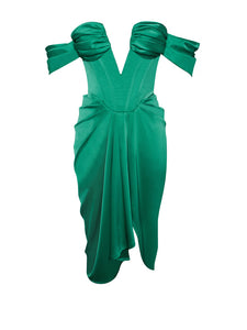 DREYA GREEN OFF SHOULDER SATIN CORSET DRESS