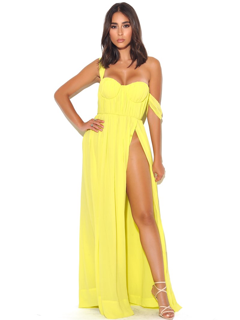 YELLOW PARADISE HIGH SLIT CHIFFON MAXI DRESS