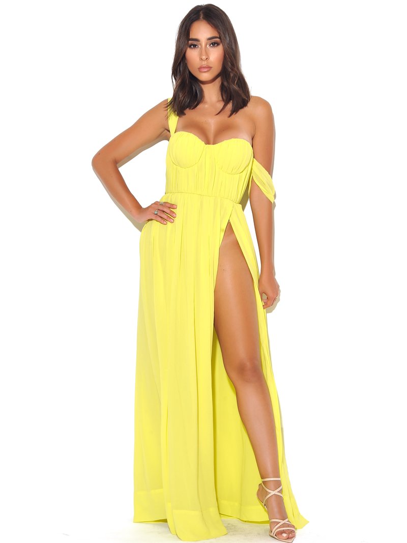YELLOW PARADISE HIGH SLIT CHIFFON MAXI DRESS Arelia's Dream YELLOW PARADISE HIGH SLIT CHIFFON MAXI DRESS Arelia's Dream