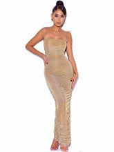 Load image into Gallery viewer, GLINT GOLD RUCHED CHIFFON LONG MAXI DRESS