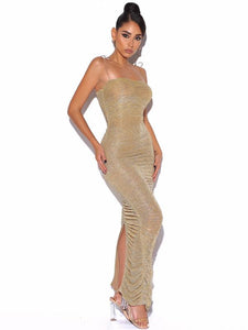 GLINT GOLD RUCHED CHIFFON LONG MAXI DRESS