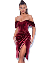 Load image into Gallery viewer, OMARIA BURGUNDY VELVET OFF SHOULDER CORSET DRESS